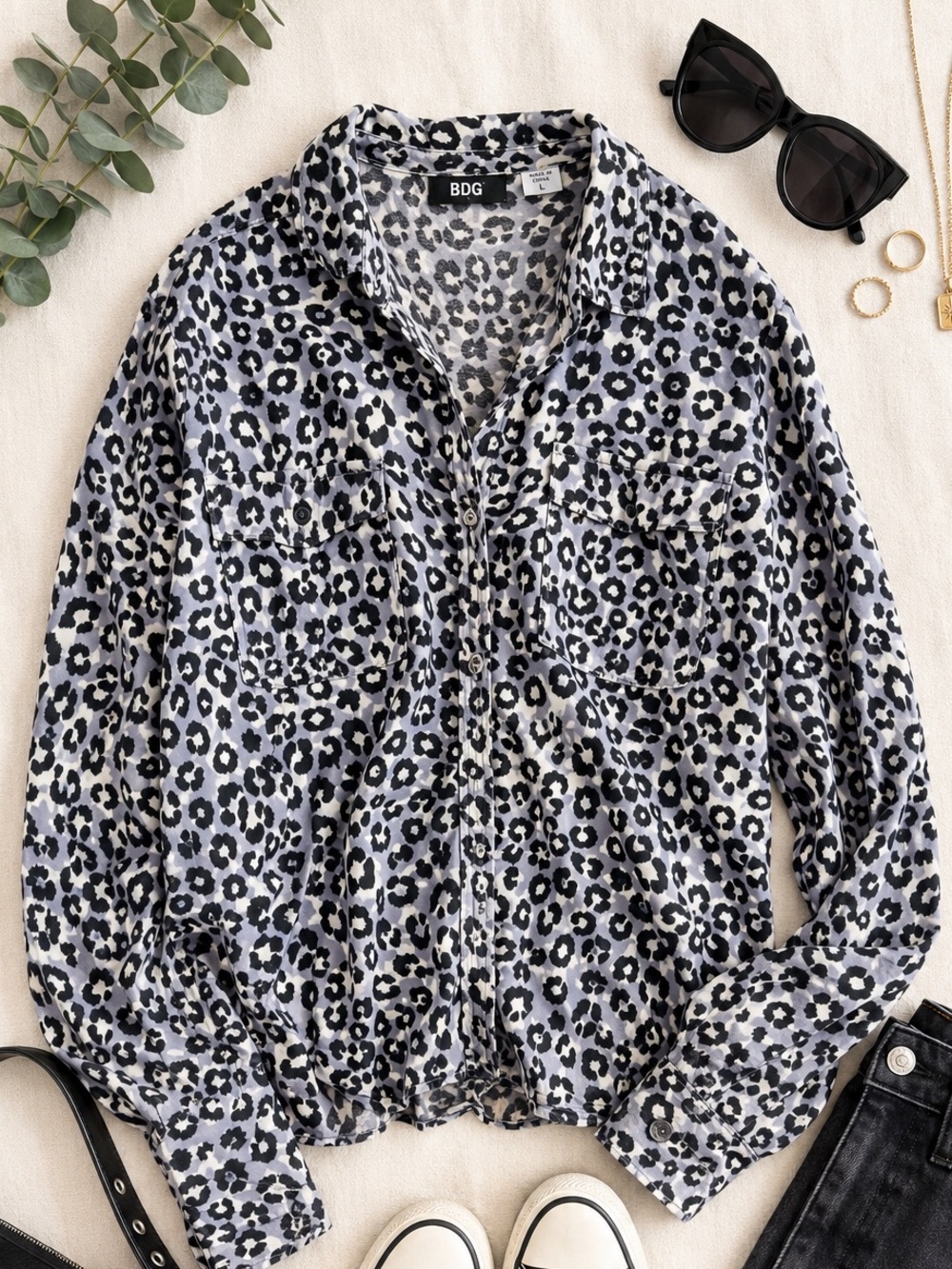 BDG Leopard Print Button Up Shirt Safari Y2K Grunge Festival Cotton Blouse L D97